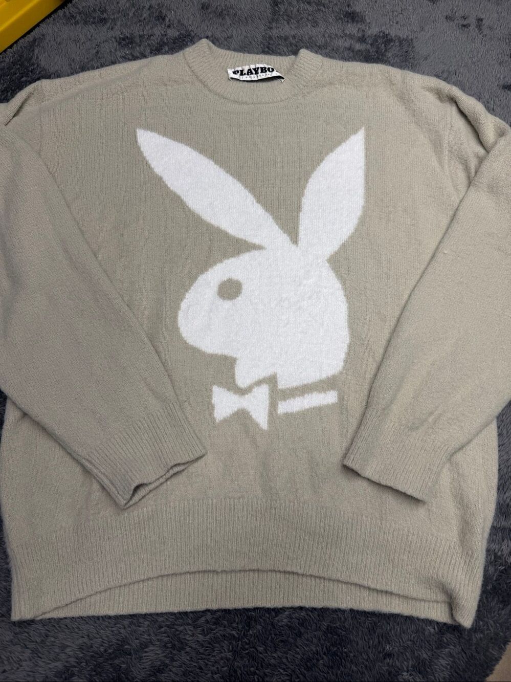 Playboy x PacSun Fuzzy Bunny Head Knit Sweater in a soft tan colorway in Men’s M
